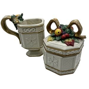 Vintage 1996 Fitz and Floyd Snowy Woods Mug and Trinket Box Gold Bow And Accents